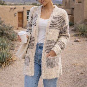GB Nordstrom Fuzzy Eyelash Knit Striped Cardigan Cozy Open Front Sweater L